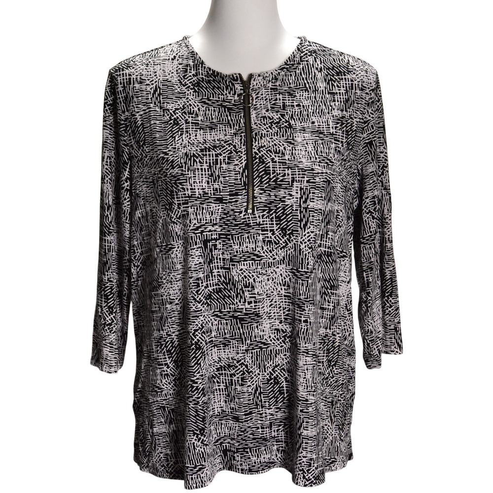 Investments Petites Top Womens PL Black White Quarter Zip‎ Abstract 3/4 Sleeve
